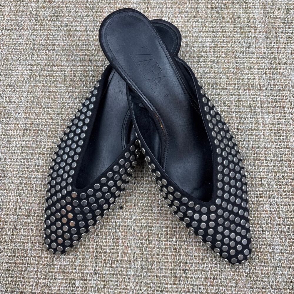 🖤 Zara Black Silver Studded Pointed Toe Mules | EU 40 / US 9